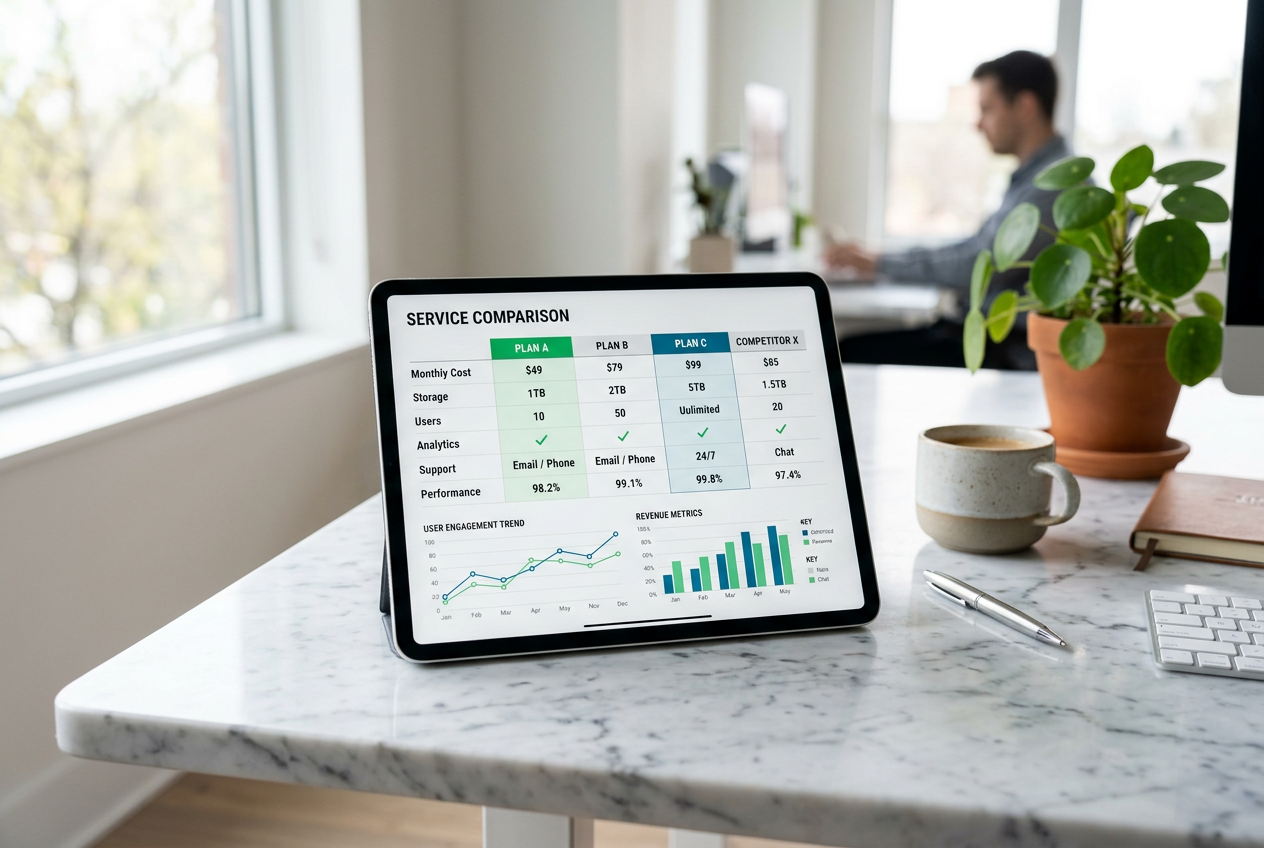 A professional workspace with a tablet showing comparative data charts.